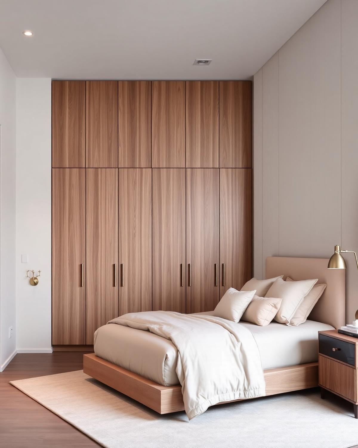Quarto planejado com painel de madeira natural e detalhes em dourado
